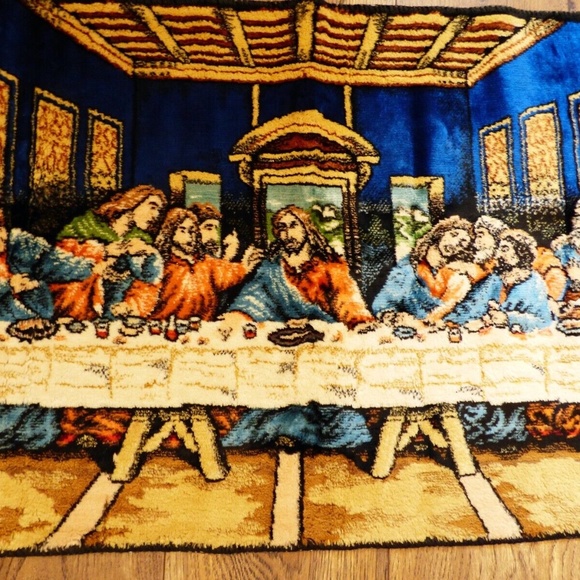 VTG Tapestry wall hanging rug The Last Supper made in Italy W.P.L. plush 39x19.5 - Picture 1 of 9